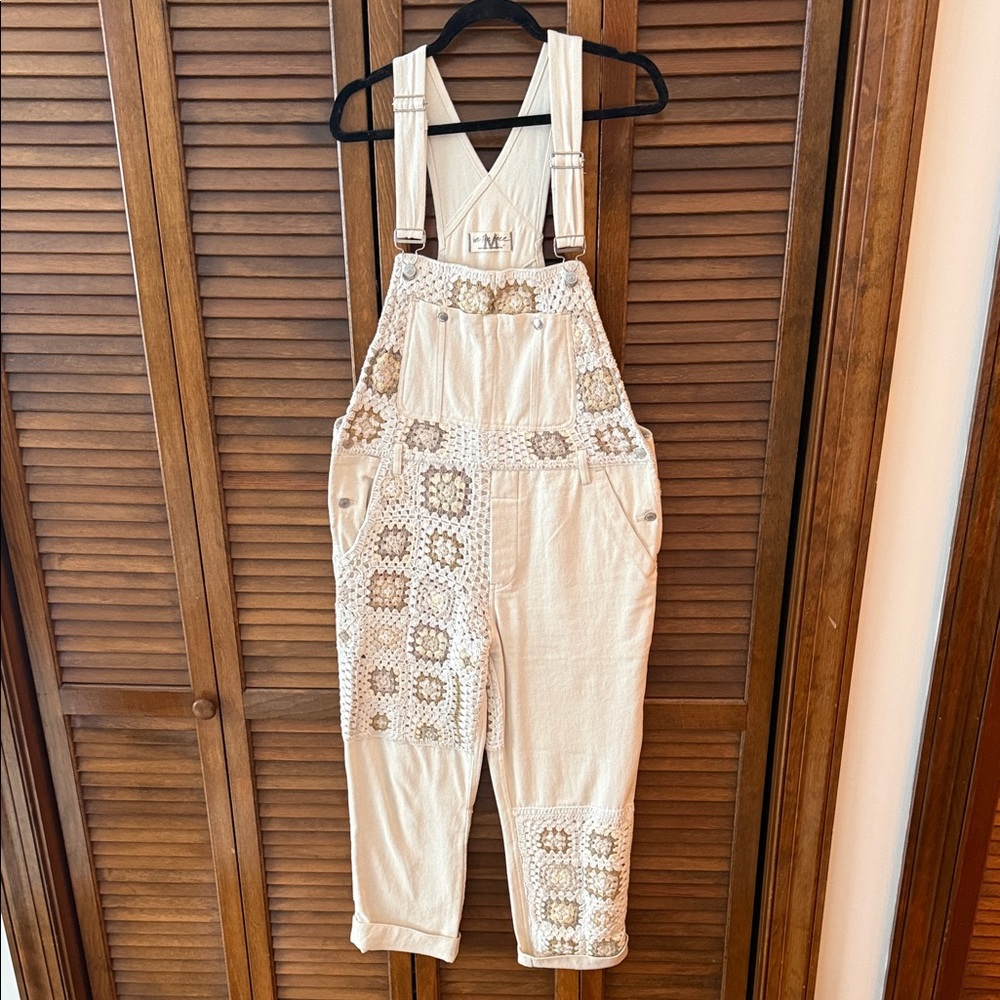 We The Free Cream Crochet Patch Overalls